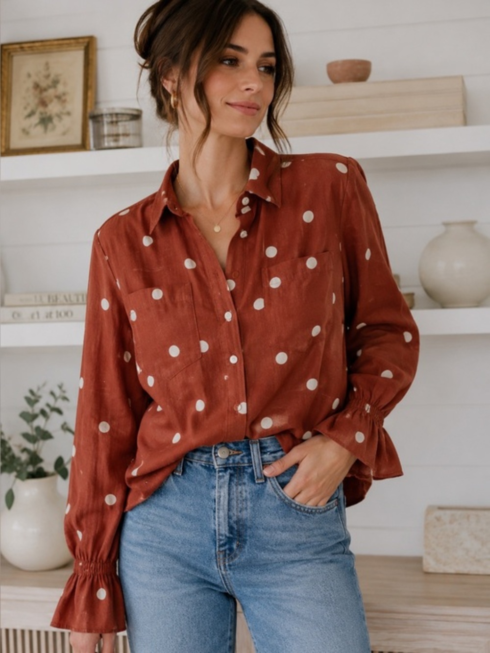Lauren Conrad Rust Brown Polka Dot Button Down Blouse Parisian Old Money Fall XS
